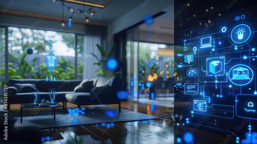 Premium Photo | Cozy Futuristic IoT Smart Home Interior at Dusk Innovative Smart Decor for a Futuristic Home